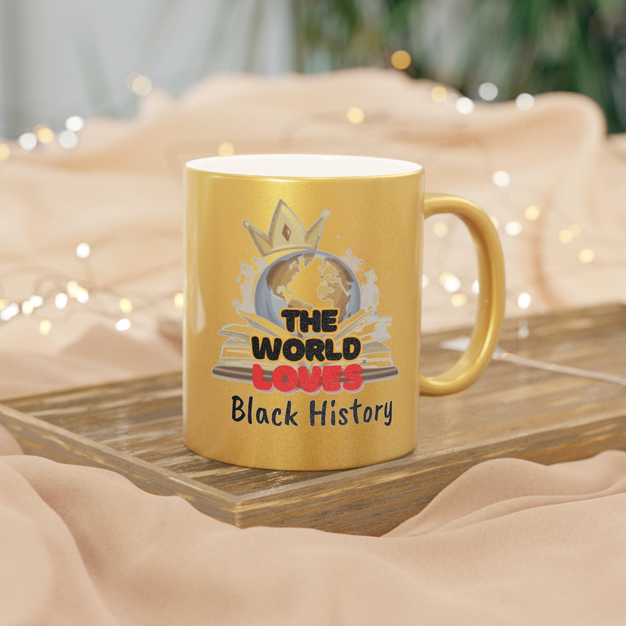 Metallic Mug — "The World Loves" Silver/Gold Ceramic Travel Gift