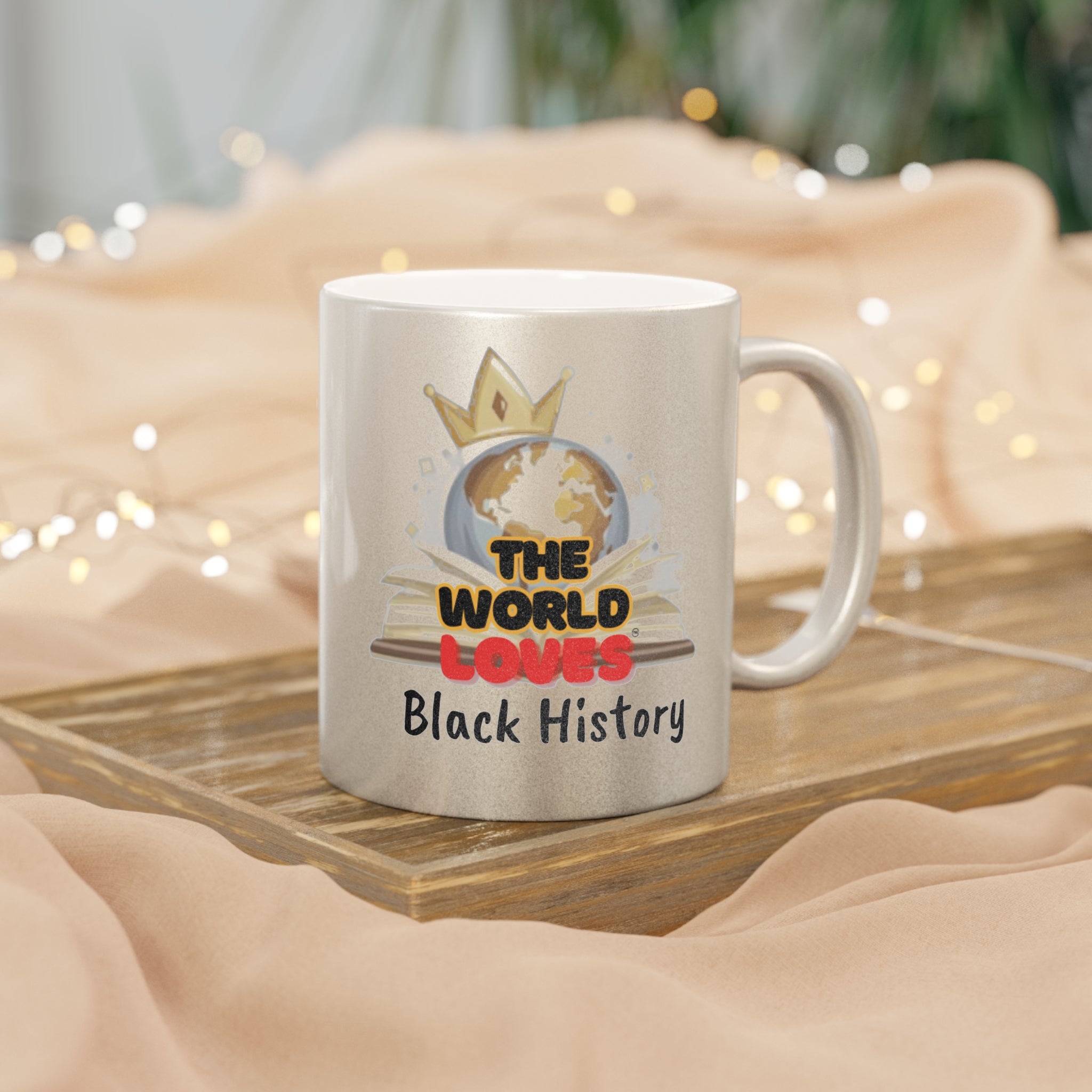 Metallic Mug — "The World Loves" Silver/Gold Ceramic Travel Gift