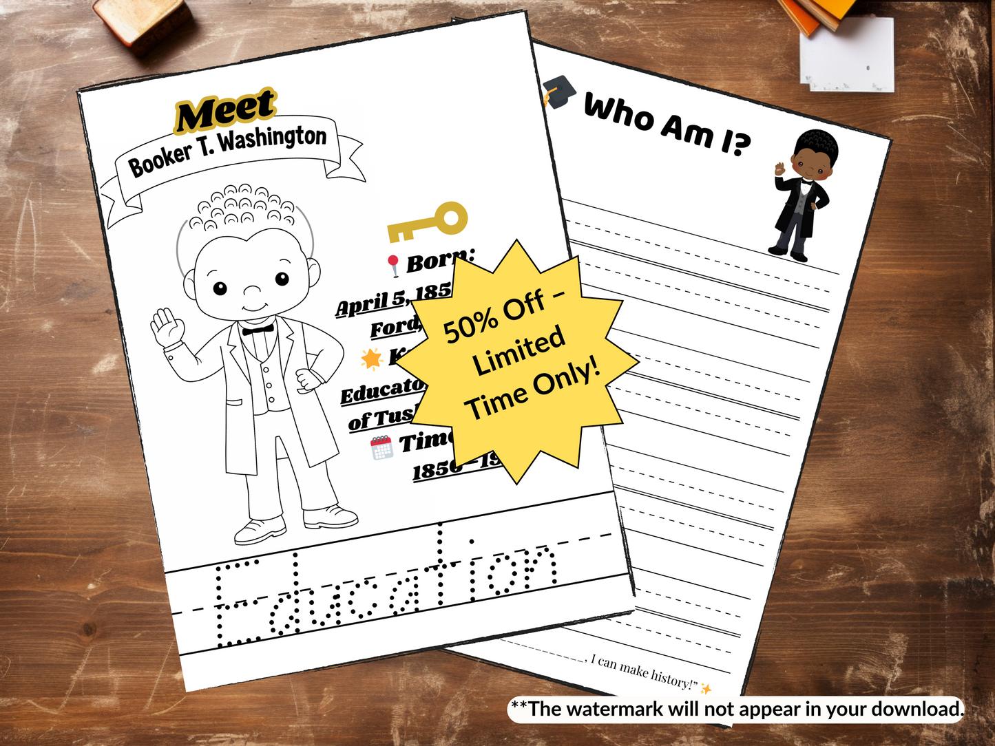 'Color Me & Learn' and 'Who Am I' Worksheets, 20 historical figures